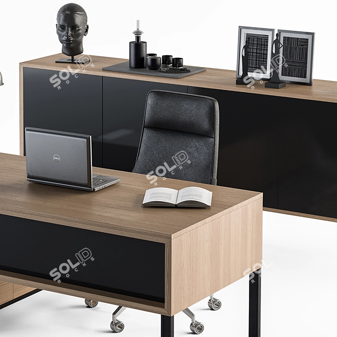 Wood and Black Manager Desk - Office Furniture 3D model image 5