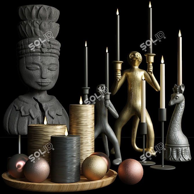 Gold Decor Set: Candle, Candlestick, Figurine 3D model image 1