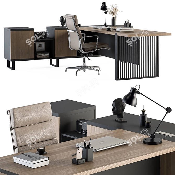 Executive Wood and Black Desk 3D model image 2