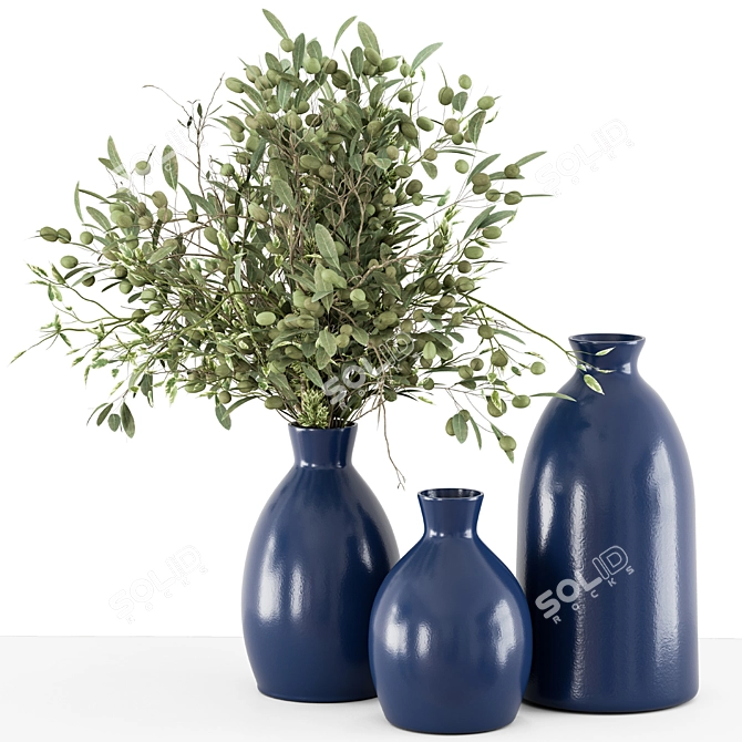  Serene Bliss: Green Branch in Blue Vase 3D model image 1