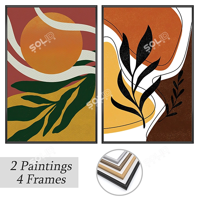 Artistic Set: 2 Paintings & 4 Frame Options 3D model image 1