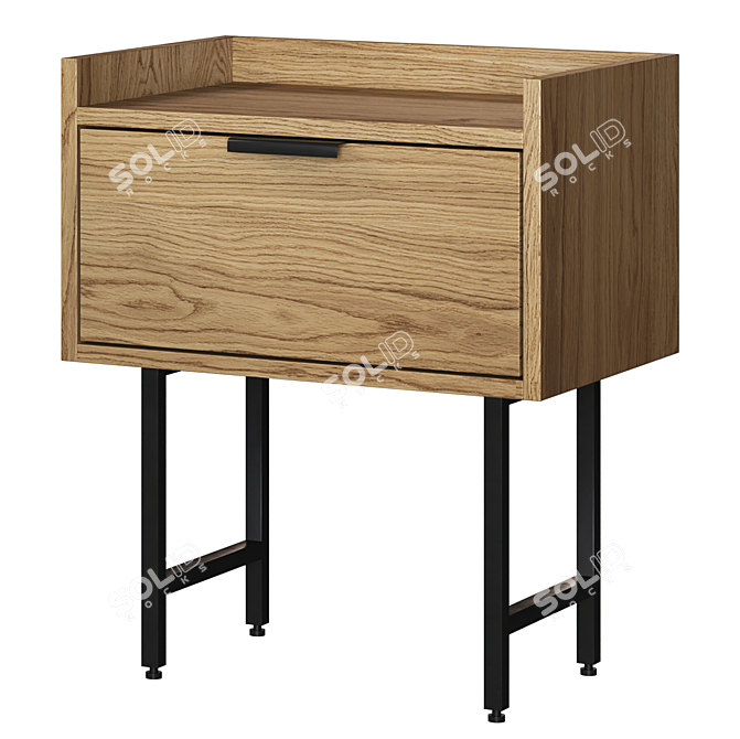 Vintage Bedside Table with Oak Veneer and Metal Legs 3D model image 2