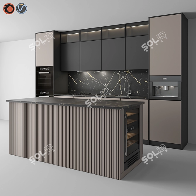 Modern Black & Beige Kitchen Set 3D model image 1