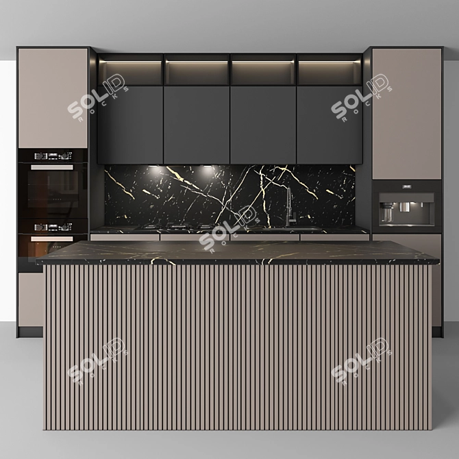 Modern Black & Beige Kitchen Set 3D model image 2