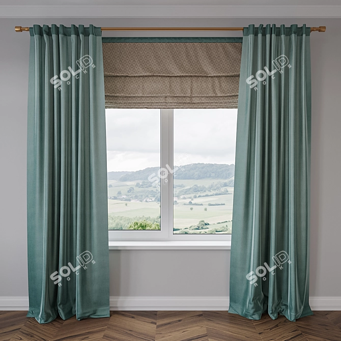 Satin Gradient Curtains with Roman Blinds 3D model image 6