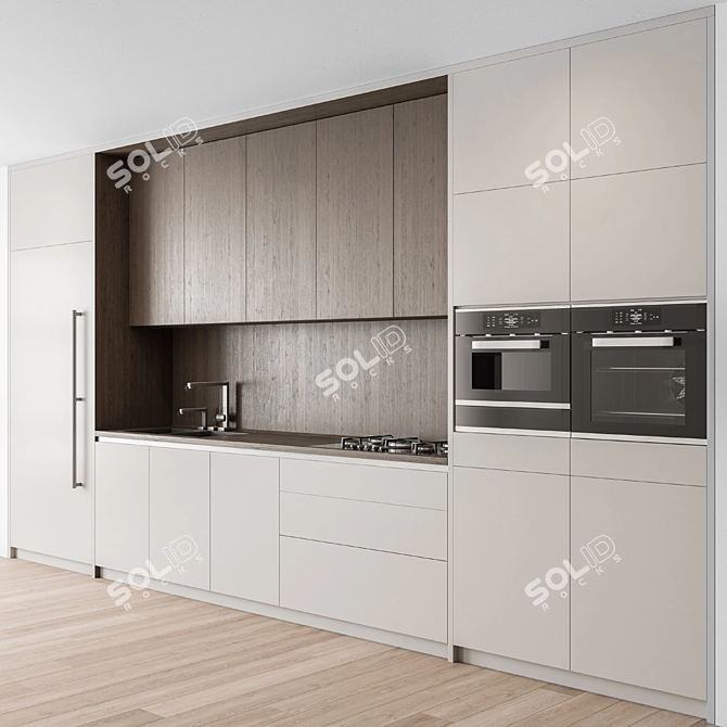 Modern White and Wood Kitchen Cabinets 3D model image 1