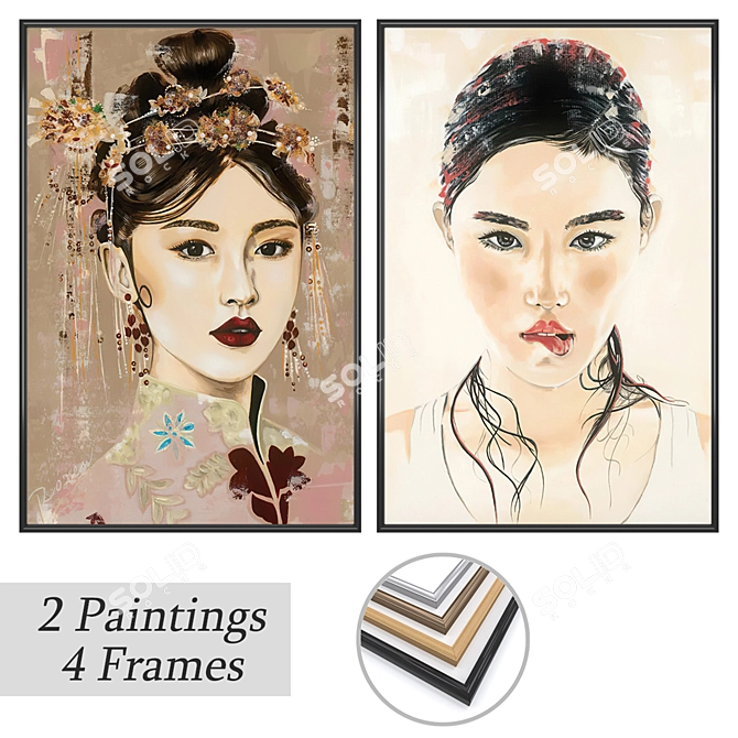 Artistic Home Decor: Set of 2 Paintings with 4 Frame Options 3D model image 1