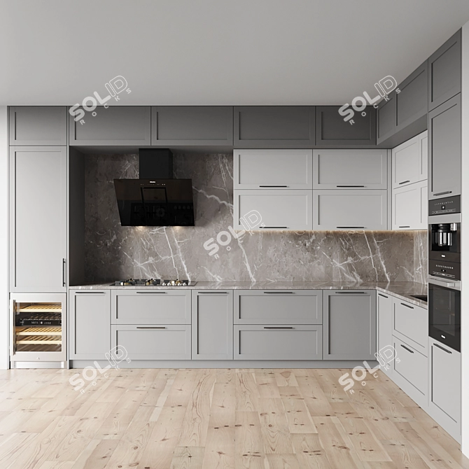 Modern Kitchen Set: Gas Hob, Oven, Coffee Machine, Wine Fridge, Sink, and Miele Hood 3D model image 1