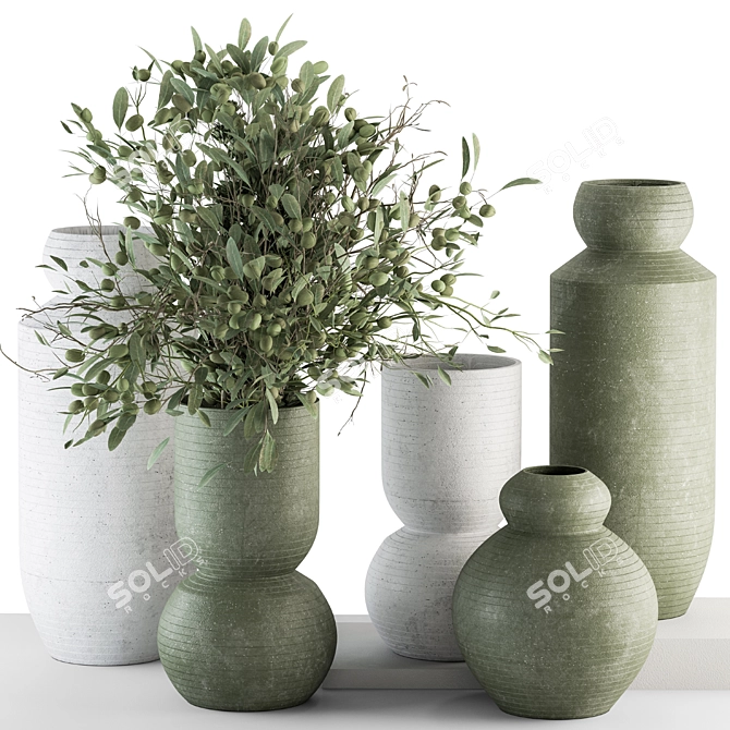 Green and Gray Vase and Plant Set 3D model image 1