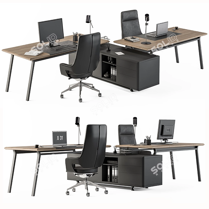 Modern Wood and Black Office Set 3D model image 1