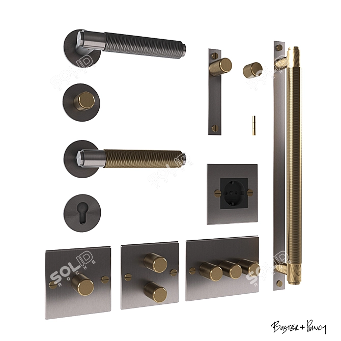 Sleek Hardware Set: Door Handle, Furniture Knobs & Switch 3D model image 1