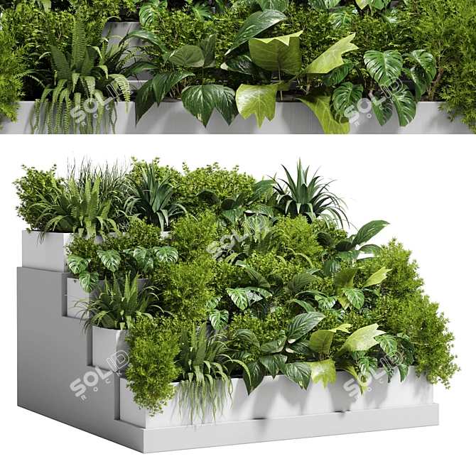Stairway Greenery: Concrete Vase with Fern, Bush & Grass 3D model image 1
