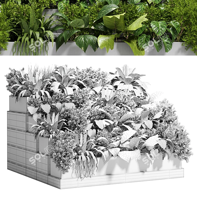 Stairway Greenery: Concrete Vase with Fern, Bush & Grass 3D model image 5