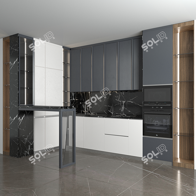 Corner Kitchen with Bar Counter and Built-in Appliances 3D model image 1