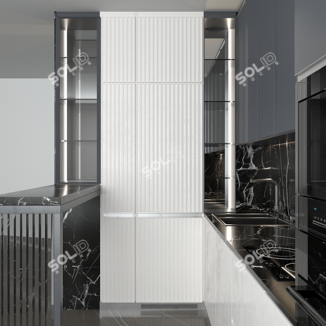 Corner Kitchen with Bar Counter and Built-in Appliances 3D model image 3