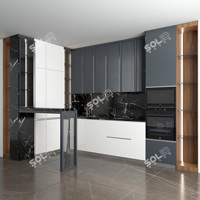 Corner Kitchen with Bar Counter and Built-in Appliances 3D model image 6