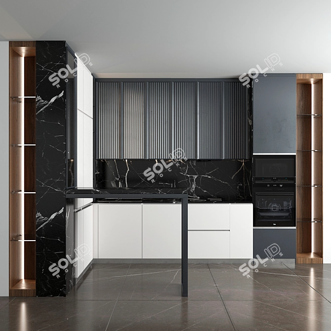 Corner Kitchen with Bar Counter and Built-in Appliances 3D model image 7