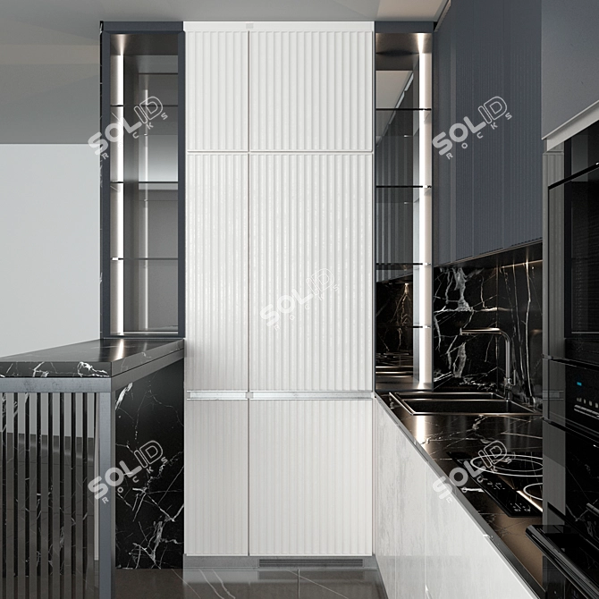 Corner Kitchen with Bar Counter and Built-in Appliances 3D model image 8