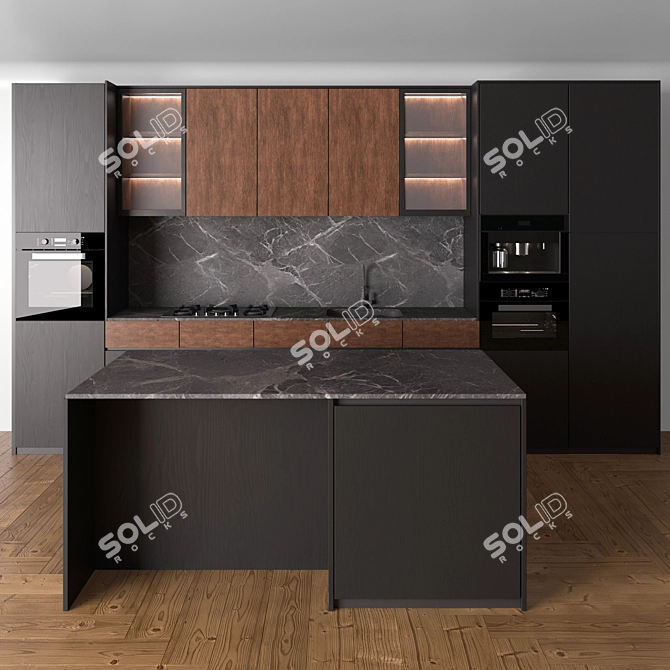 Modern Black & Wood Kitchen Set 3D model image 2