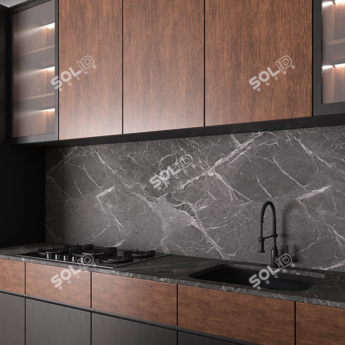 Modern Black & Wood Kitchen Set 3D model image 3