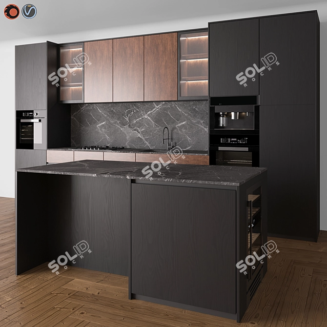 Modern Black & Wood Kitchen Set 3D model image 5