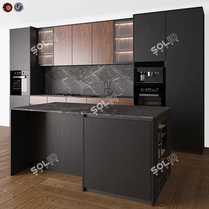 Modern Black & Wood Kitchen Set 3D model image 6