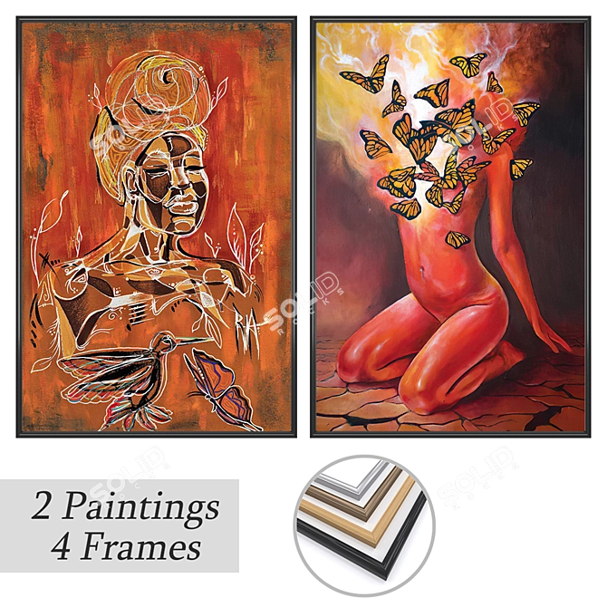 Artistic Wall Decor Set: 2 Paintings, 4 Frame Options 3D model image 1