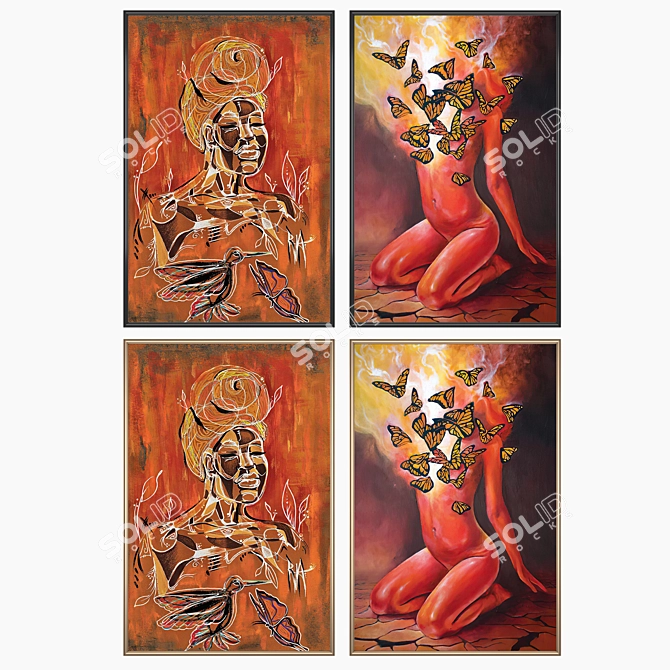 Artistic Wall Decor Set: 2 Paintings, 4 Frame Options 3D model image 2