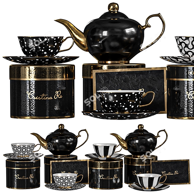 Elegant Black Gold Tea Set 3D model image 2