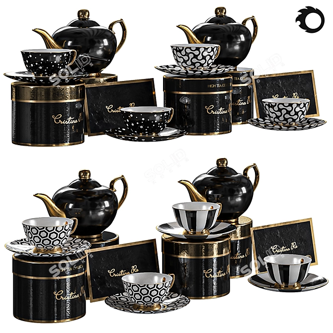 Elegant Black Gold Tea Set 3D model image 3