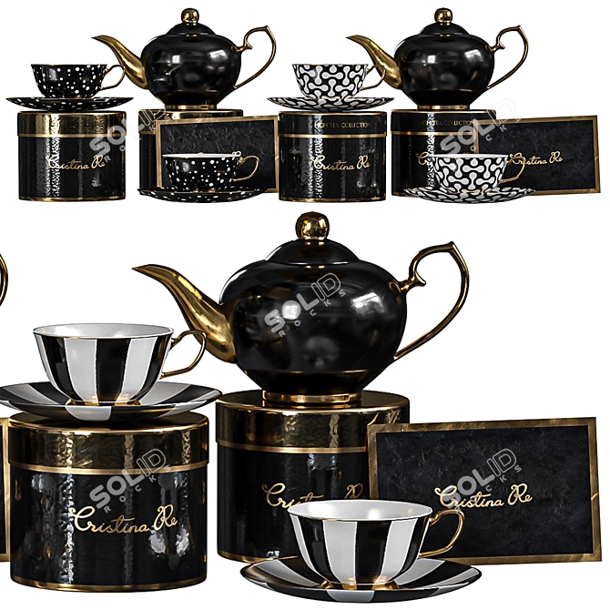 Elegant Black Gold Tea Set 3D model image 4