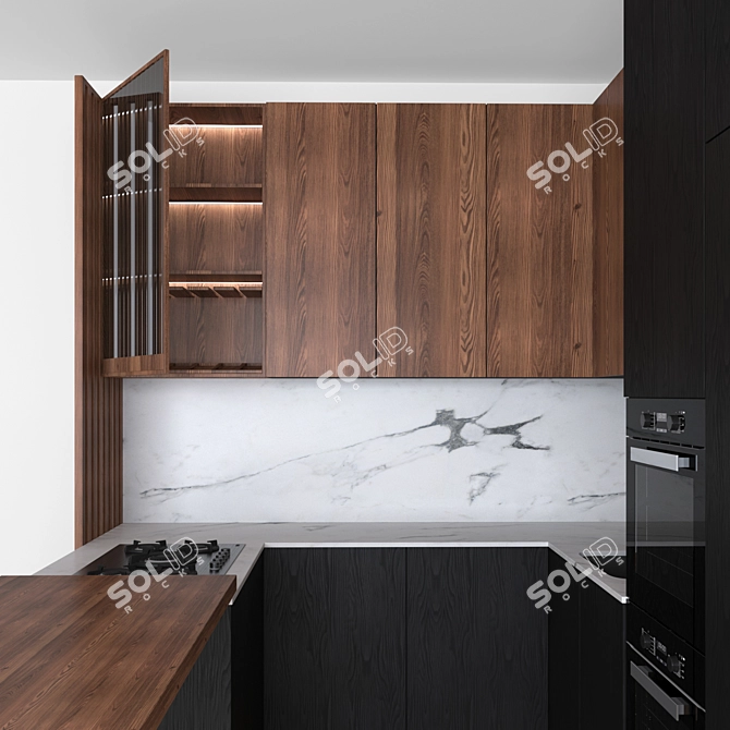 Sleek 14 Modern Black & Wood Kitchen 3D model image 2