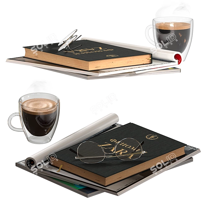 Coffee Lovers Bundle: Glasses, Book, Magazines 3D model image 1