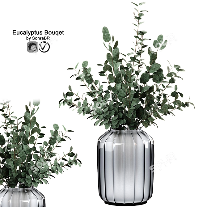 Elegant Eucalyptus Bouquet with Glass Vase 3D model image 1