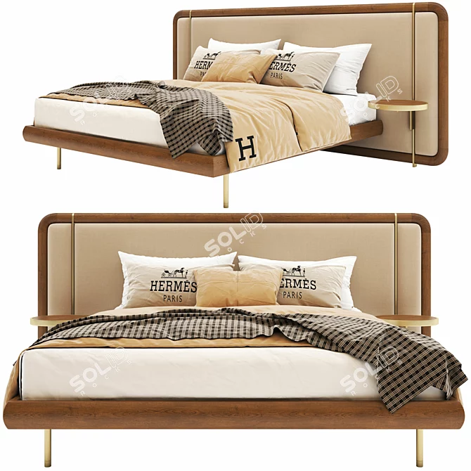 Modern Wooden Bed with Canaletta Walnut Frame and Upholstered Headboard 3D model image 2