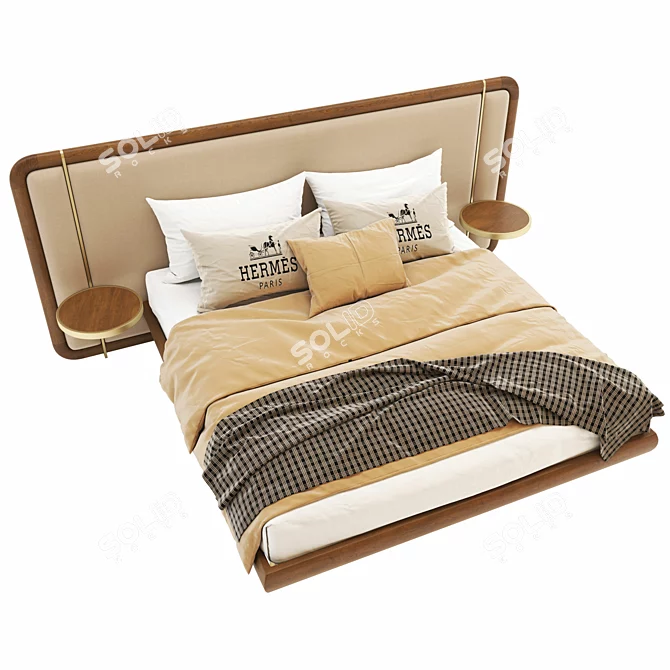 Modern Wooden Bed with Canaletta Walnut Frame and Upholstered Headboard 3D model image 3