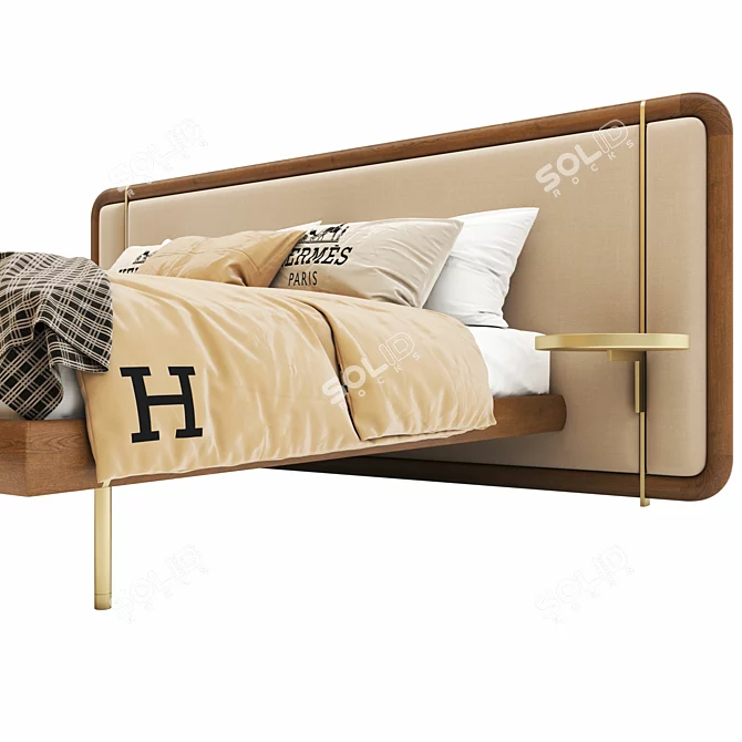 Modern Wooden Bed with Canaletta Walnut Frame and Upholstered Headboard 3D model image 6