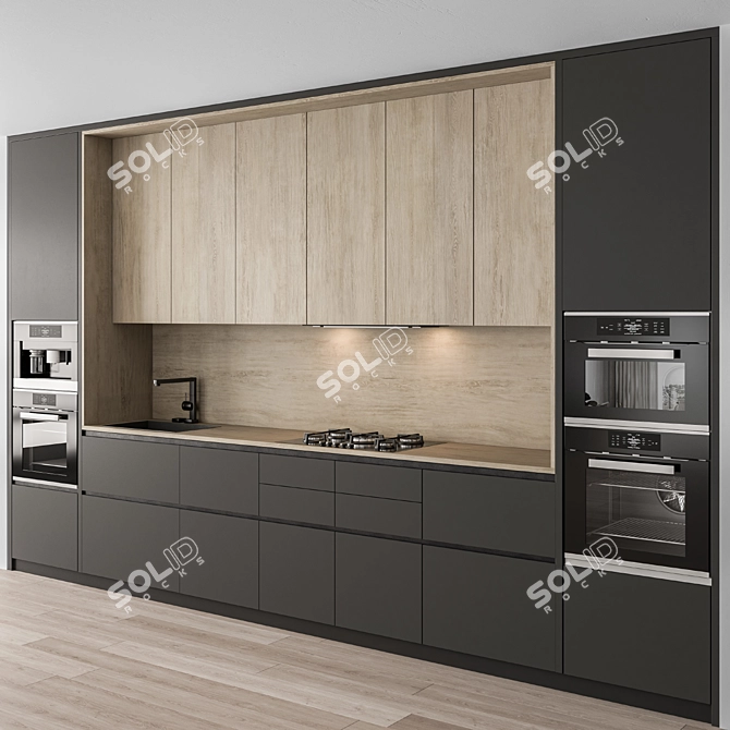 Sleek Black and Wood Kitchen 3D model image 1