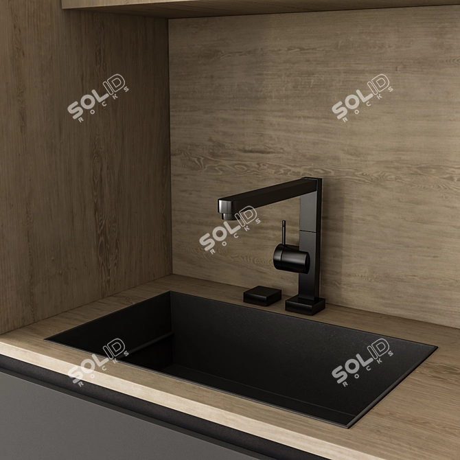 Sleek Black and Wood Kitchen 3D model image 3