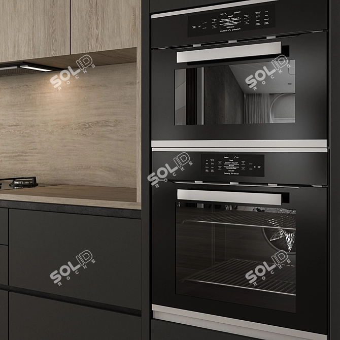 Sleek Black and Wood Kitchen 3D model image 4