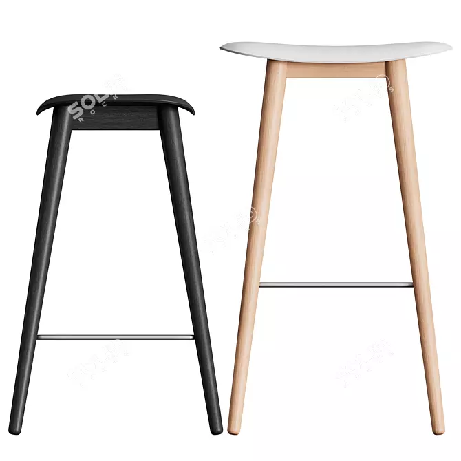 Title: Sleek Fiber Bar Stool with Wood Base 3D model image 4