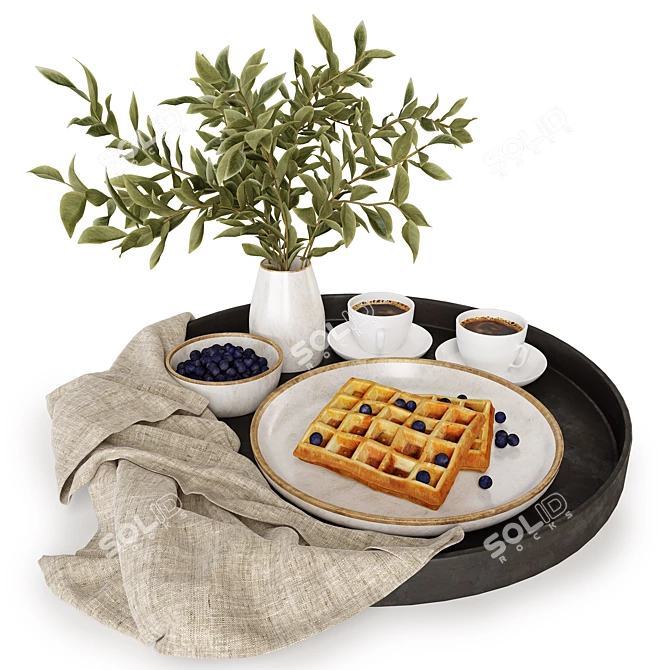 Title: Breakfast Tray with Coffee, Waffles & Blueberries 3D model image 2