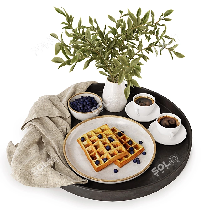 Title: Breakfast Tray with Coffee, Waffles & Blueberries 3D model image 3