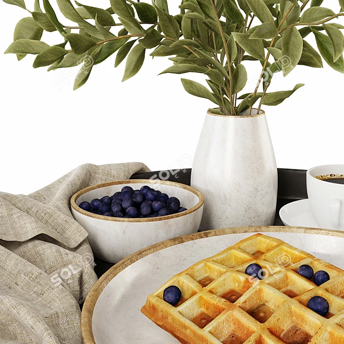 Title: Breakfast Tray with Coffee, Waffles & Blueberries 3D model image 6