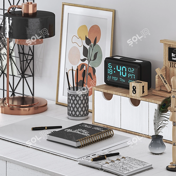Modern Office Set - Desk, Chair, Lamp, Clock & Laptop 3D model image 2