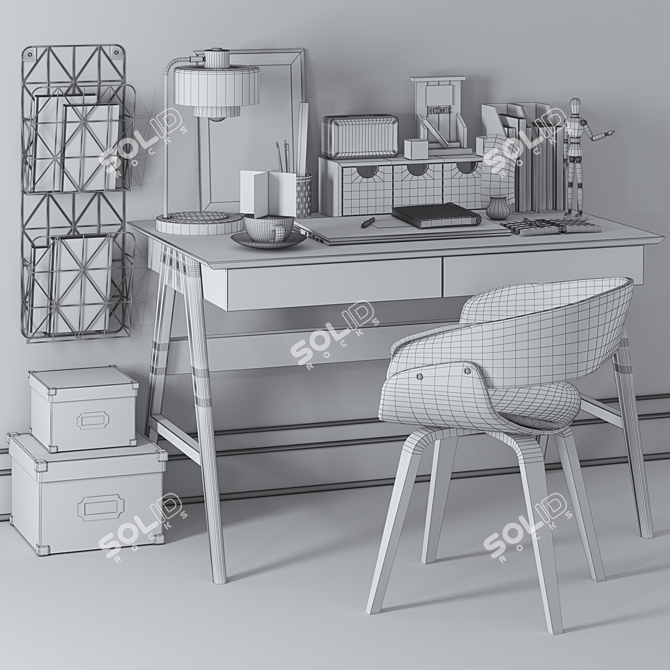 Modern Office Set - Desk, Chair, Lamp, Clock & Laptop 3D model image 4