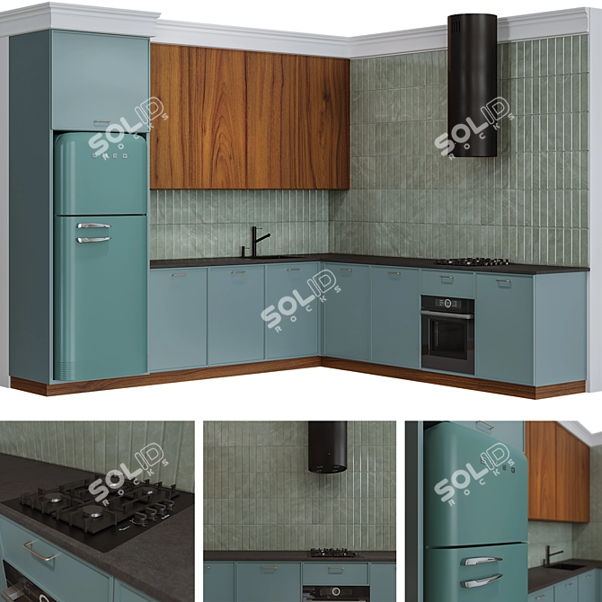 Vintage Green Kitchen: Smeg Fridge, Bosch Cooktop & Oven 3D model image 1