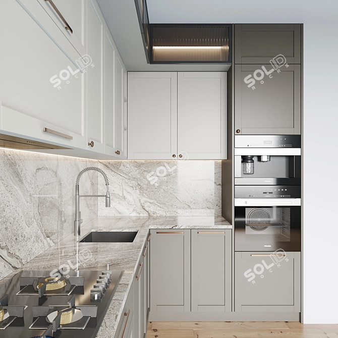 Modern Kitchen Set with Gas Hob, Oven, Coffee Machine, Wine Fridge, Sink & Hood 3D model image 3