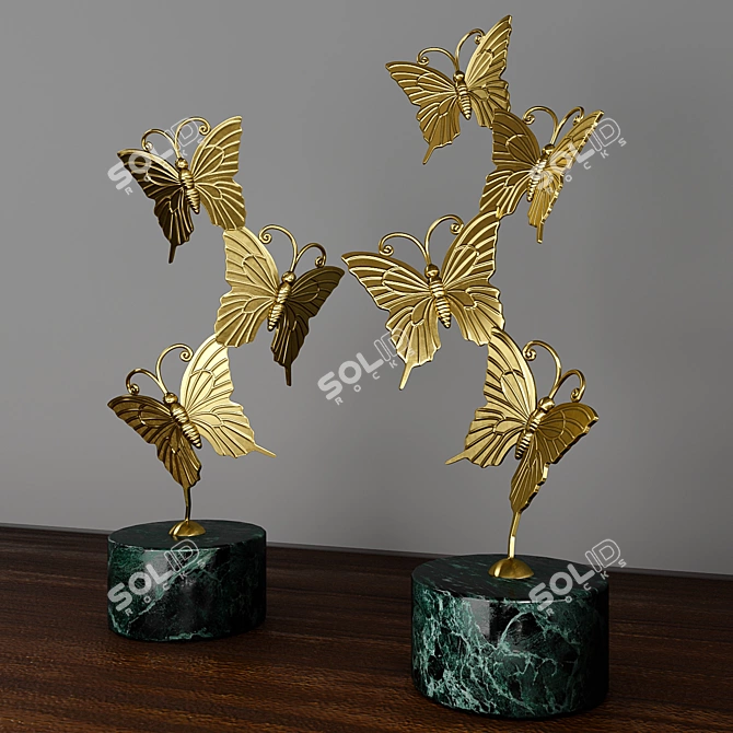 Golden Butterfly Statuette Set on Green Marble Stand 3D model image 3