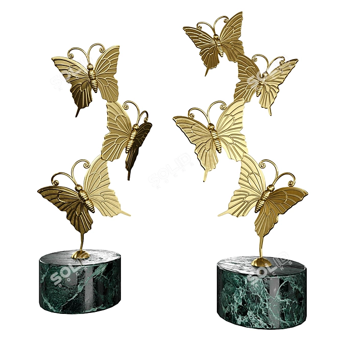 Golden Butterfly Statuette Set on Green Marble Stand 3D model image 5